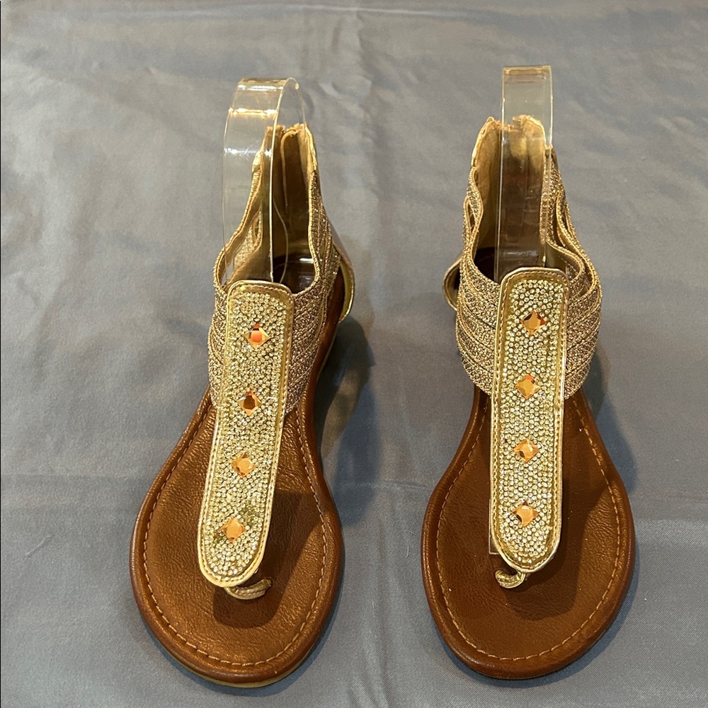 Daisy Fuentes Gold Beaded T-Strap Sandals with Brown Footbed
